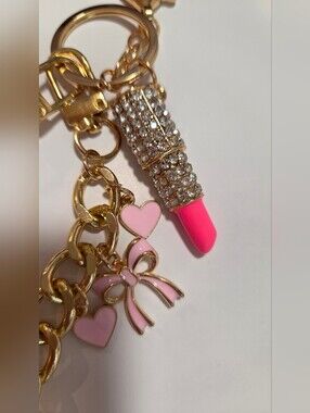 Gold-tone Pink Enamel Bow & Heart Charm Keychain with Bling Lipstick Charm